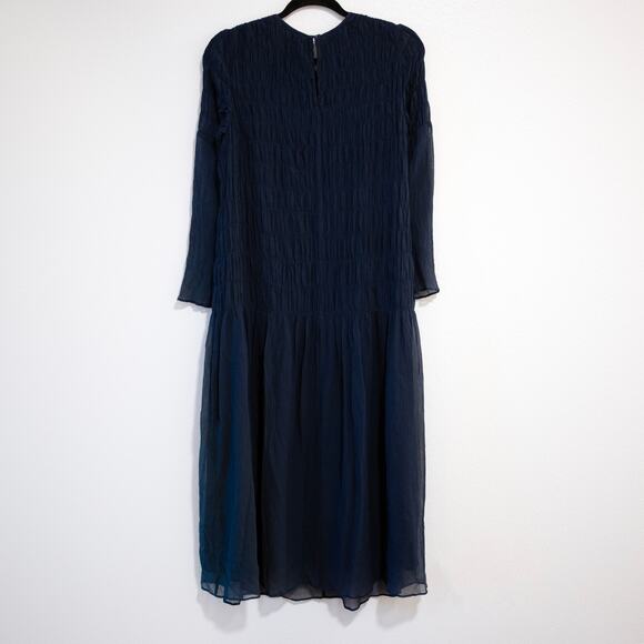 AYR Something Special Dress Navy Blue Silk Cotton Midi Smocked Drop Waist SZ S - Picture 3 of 7
